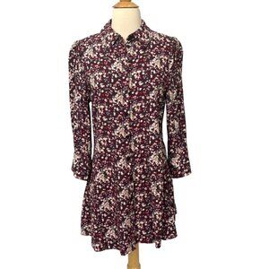 Natural Life Twiggy Mini Shirt Dress Burgundy Floral 3/4 Sleeve Boho EUC Size M